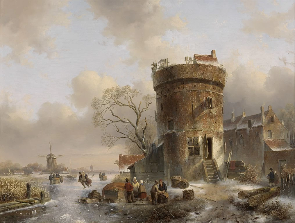 Charles Leickert - Paesaggio invernale con figure su un fiume ghiacciato vicino a una torre, Rijksmuseum Twenthe, Enschede